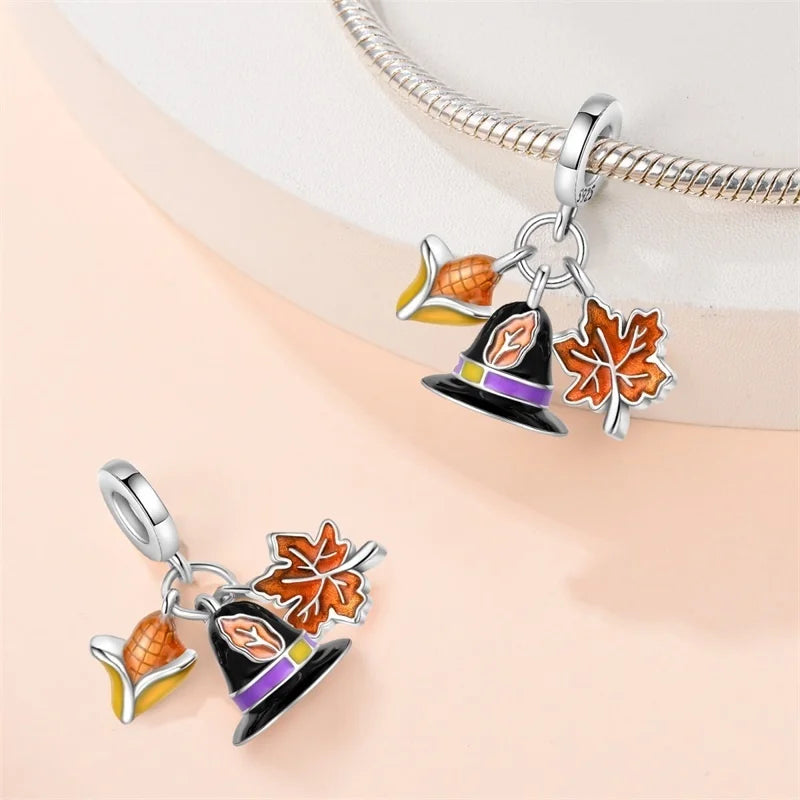 925 Sterling Silver Squirrel & Maple Leaf Charm | Shiny Zircon Autumn Beads Fit Pandora Bracelet DIY Jewelry