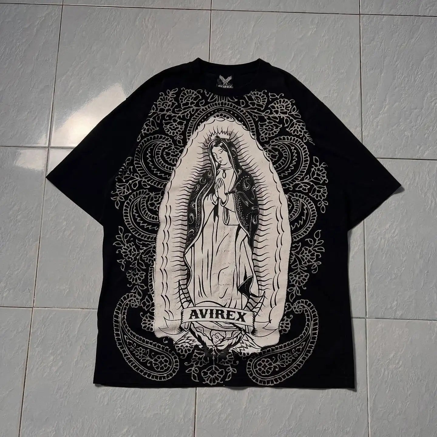 Vintage Avirex Black Short Sleeve T-Shirt | Rhinestone Double-Sided Print Retro Streetwear Top