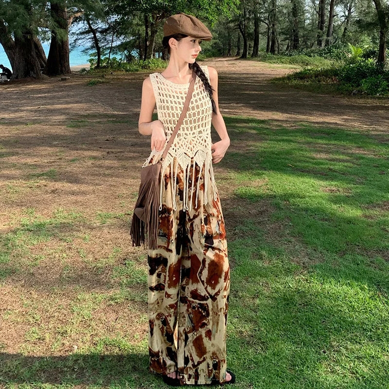 Vacation Style High Waist Wide Leg Pants – Thin Long Ethnic Print Pants for Beach & Holiday Wear