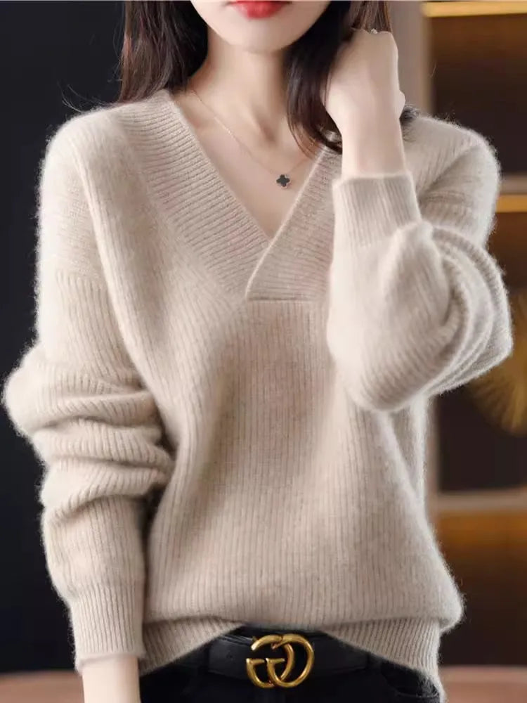 Autumn Winter Women’s V-Neck Knit Sweater – Solid Loose Pullover Soft Warm Casual Top