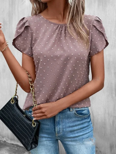 Swiss Dot Crew Neck Blouse – Casual Petal Sleeve Top for Spring & Summer Women 🌿✨
