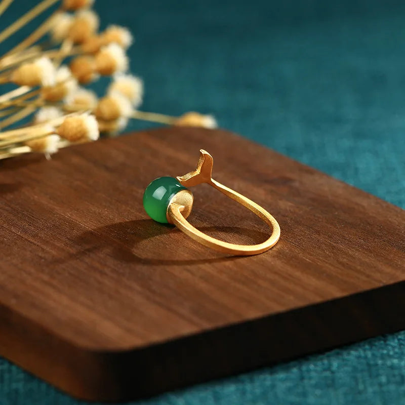 PANJBJ 925 Sterling Silver Hotan Jade Geometric Adjustable Ring | Retro Delicate Jewelry Gift for Women