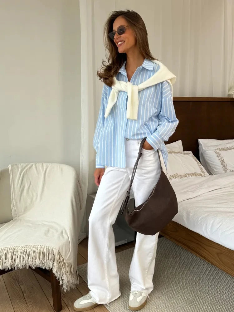 2025 Women’s Summer Striped Long Sleeve Shirt – Lazy Casual Breathable Cardigan Top