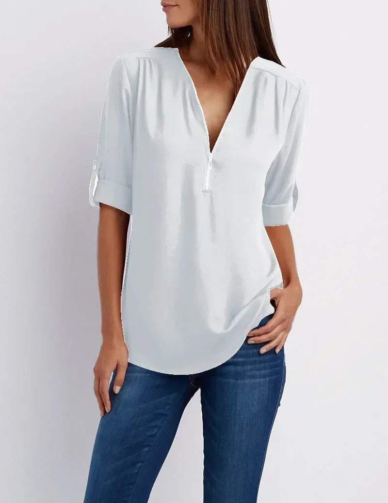 Summer Women’s Chiffon Blouse | Deep V-Neck Zipper Tops | Casual Loose Long Sleeve Plus Size Shirt