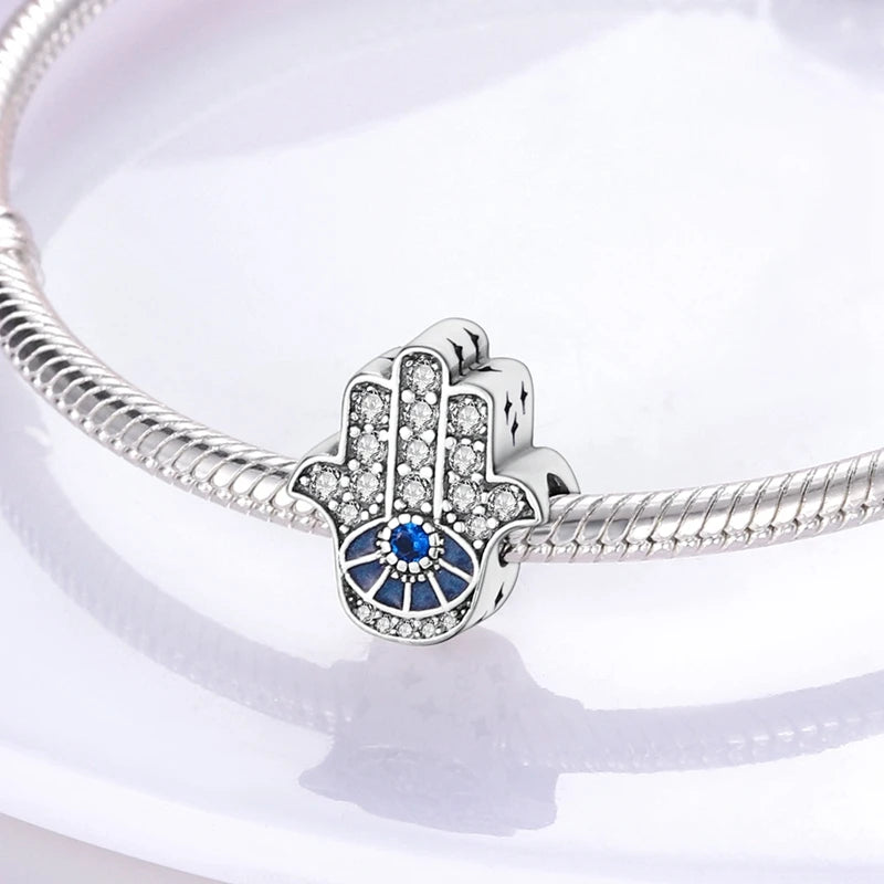 Blue 925 Sterling Silver Rotating Evil Eye Palm Moon Starry Sky Charms | Fit Original Bracelet Pendant Women Jewelry