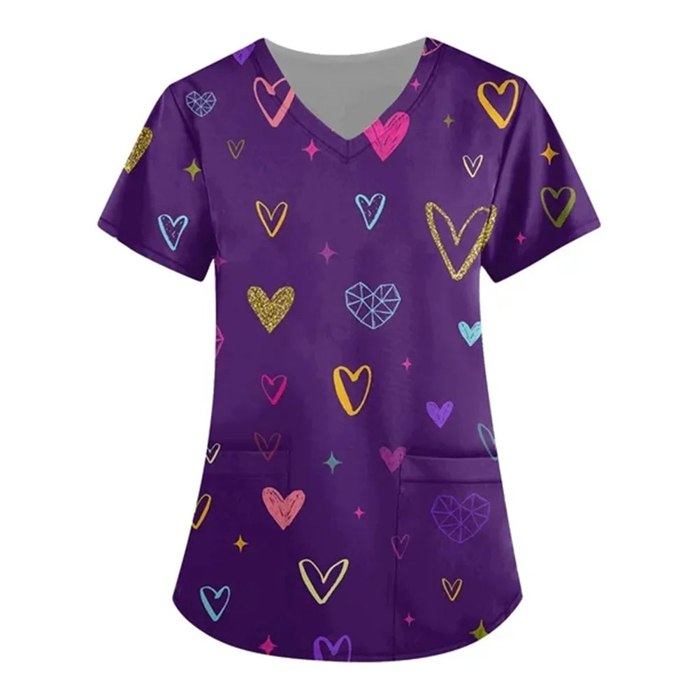 Women’s Heart Print Medical Top ❤️ V-Neck Short Sleeve Nursing Uniform ✨