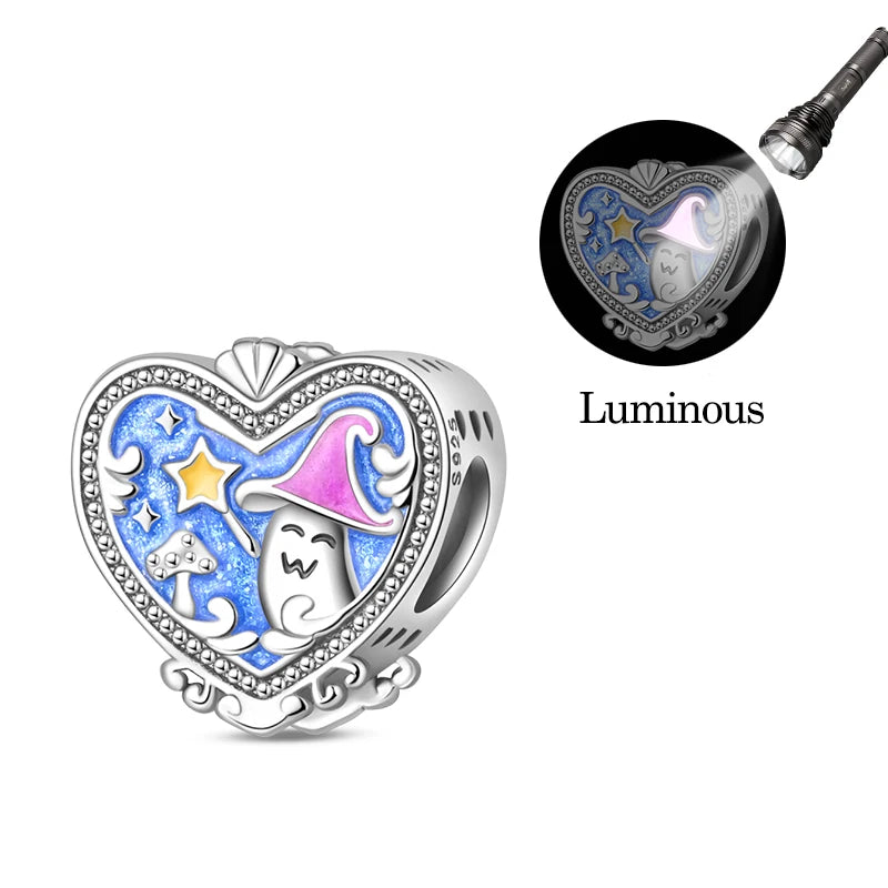 Original 925 Sterling Silver Luminous Lantern & Magic Cat Charm Bead | Glowing Angel Jungle Pendant for Bracelet Jewelry