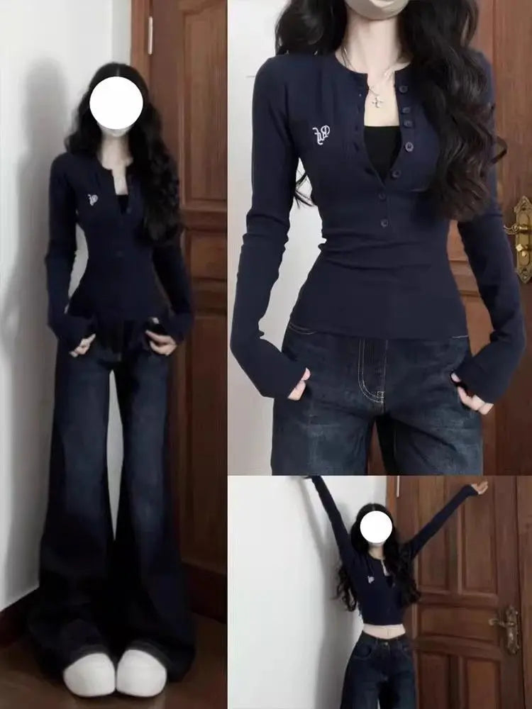 American Style Hot Girl Open Collar Long Sleeve T-Shirt – Slim Fit Short Sleeve Inner Wear | Spring & Autumn Ladies Top