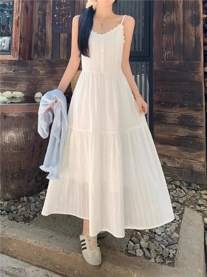 Summer 2025 Women’s Pure Cotton White Strap Dress with Long Sleeve Ice Silk Knitted Sun Protection Cardigan Set – Elegant Fashion
