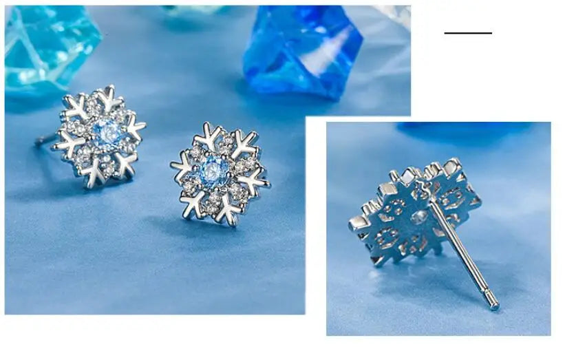 925 Sterling Silver Blue Zircon Snowflake Earrings for Women – Christmas Charm Jewelry Gift