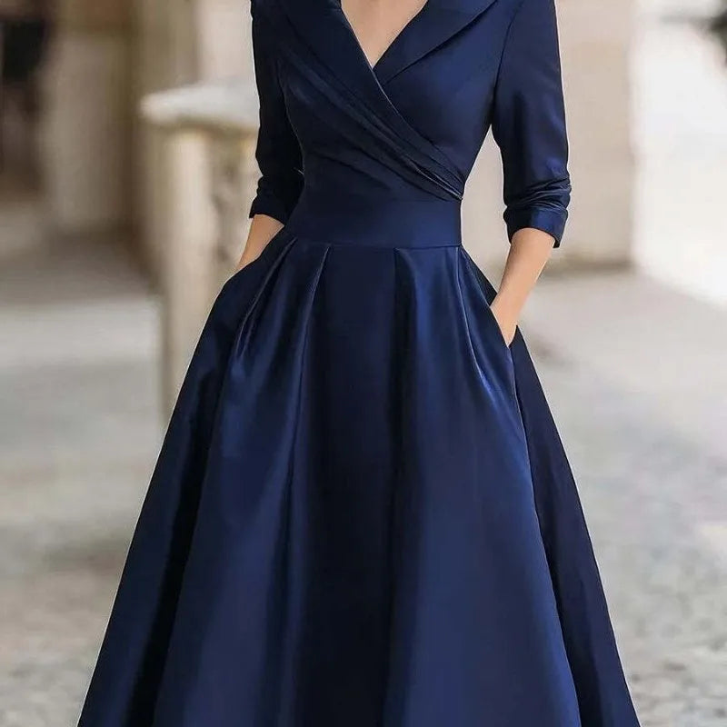 Elegant Solid Color V-Neck Waist Cinching Dress – Autumn Winter Women’s Long Sleeve Sexy Dress with Pockets | Ropa Mujer