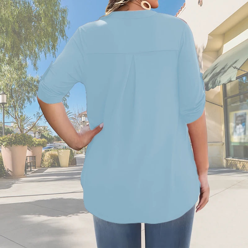 2025 Women’s Plus Size Summer Blouse – Casual V-Neck Button-Front Loose Fit Short Sleeve Top