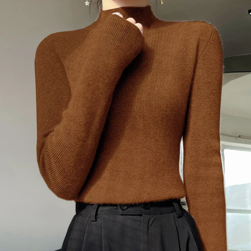 Women’s High Collar Knitted Sweater | Slim Fit Long Sleeve Top | Blue, Purple & Red Bottoming Shirt