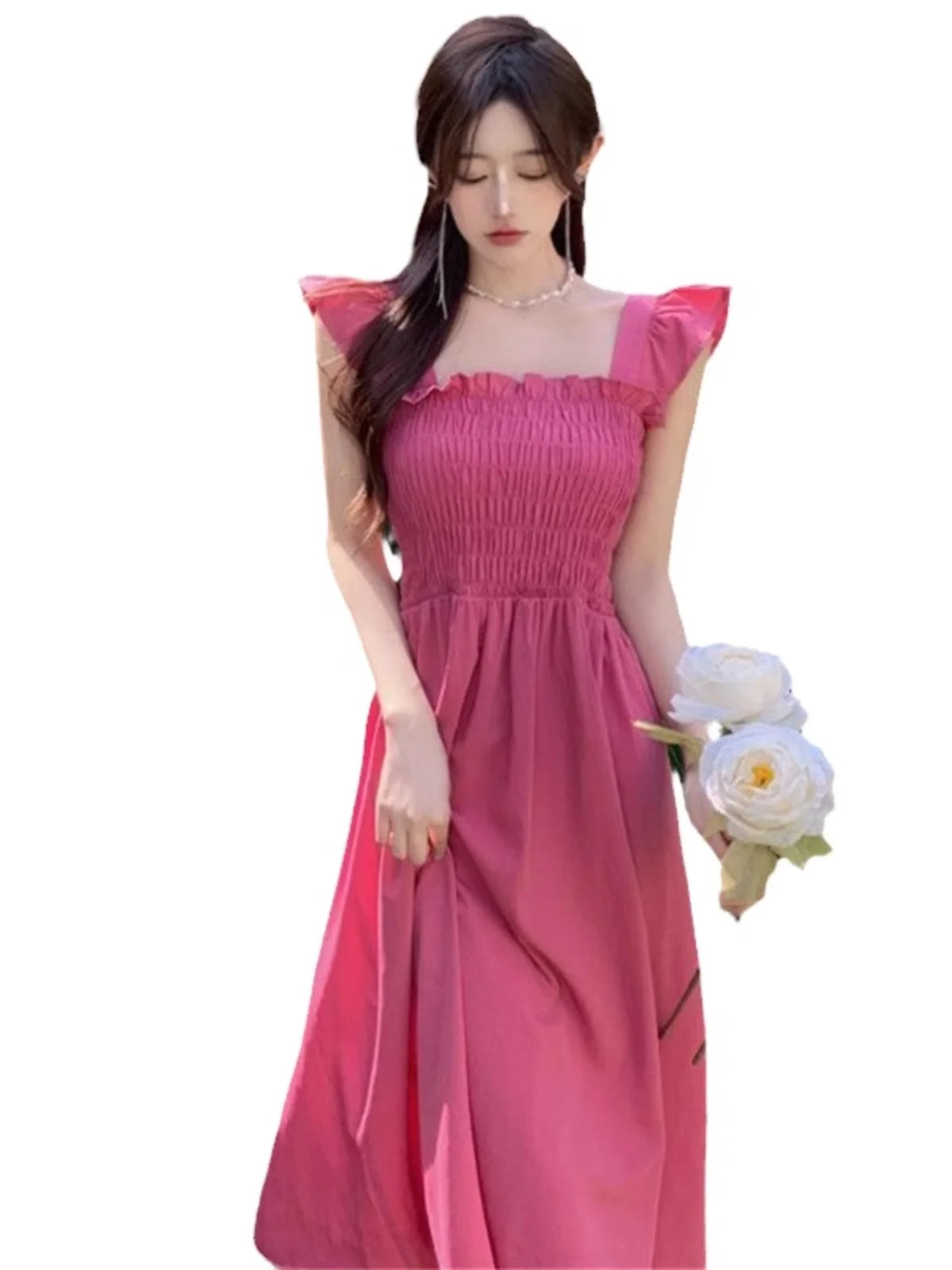 Summer 2025 Ele Hepburn Sle Tea Break Midi Dr Gathered Waist ort Sve Square Collar Pleated A-Line Dr