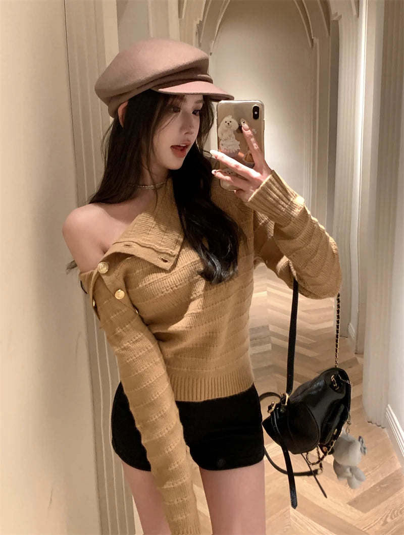 Ele Gold Button Knitted Shoulder-Bared Sweater – Slim Fit Crew Neck Long Sleeve Women Top | Spring Autumn