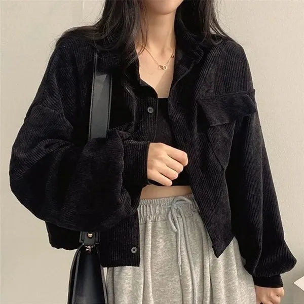 Black Corduroy Cardigan for Women | Korean Loose Fit Long Sleeve Jacket 2025