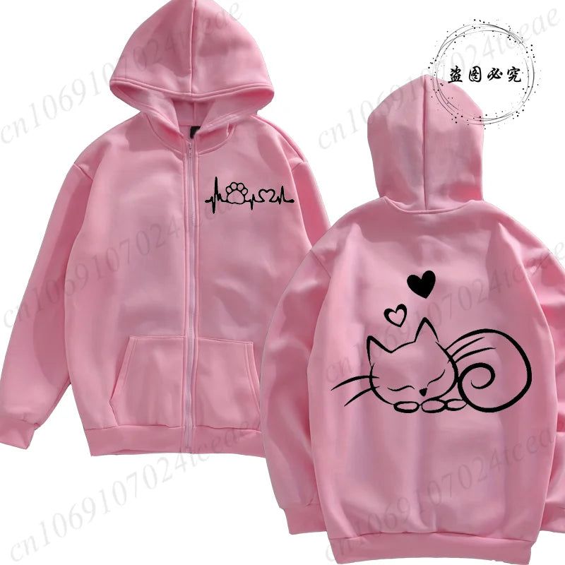 Women’s Cat Heartbeat Zipper Hoodie | Cute Zip-Up Sweatshirt | Autumn Winter Streetwear Jacket