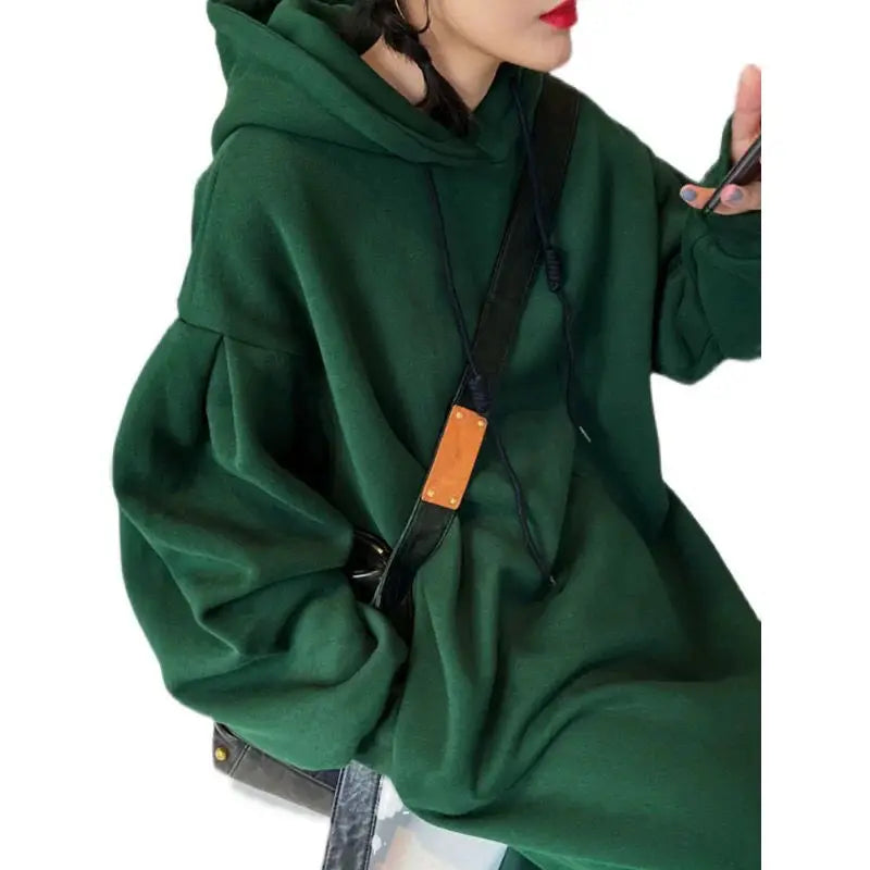🔥 Plus Size Fleece-Lined Hooded Long Dress for Women 👗❄️ Thick Warm Winter Casual Slimming Korean Style Hoodie Dress ❤️