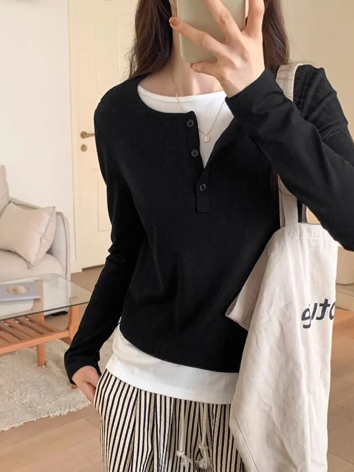 Slimming Effect Pure Cotton Long Sleeve Top – Women’s Loose Fashionable Base Shirt Spring Autumn 2025