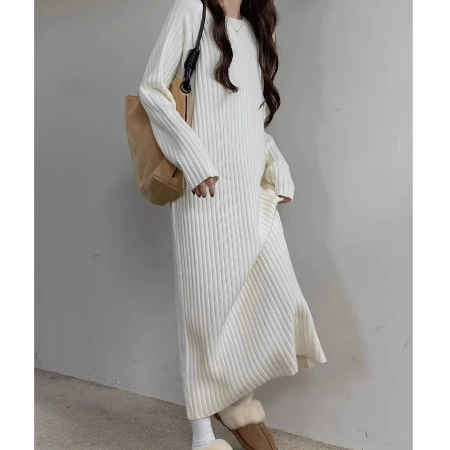 Plus Size Women’s Mid-Length Dress – Casual Round Neck Long Sleeve A-Line H-Line Skirt for Autumn Winter