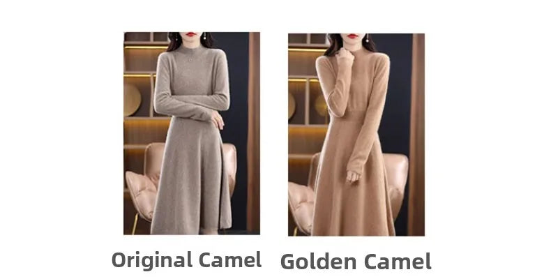 Women’s Mid-Length Knitted Wool Dress – High Collar Long Sleeve Casual Autumn Commute Dress for Ladies