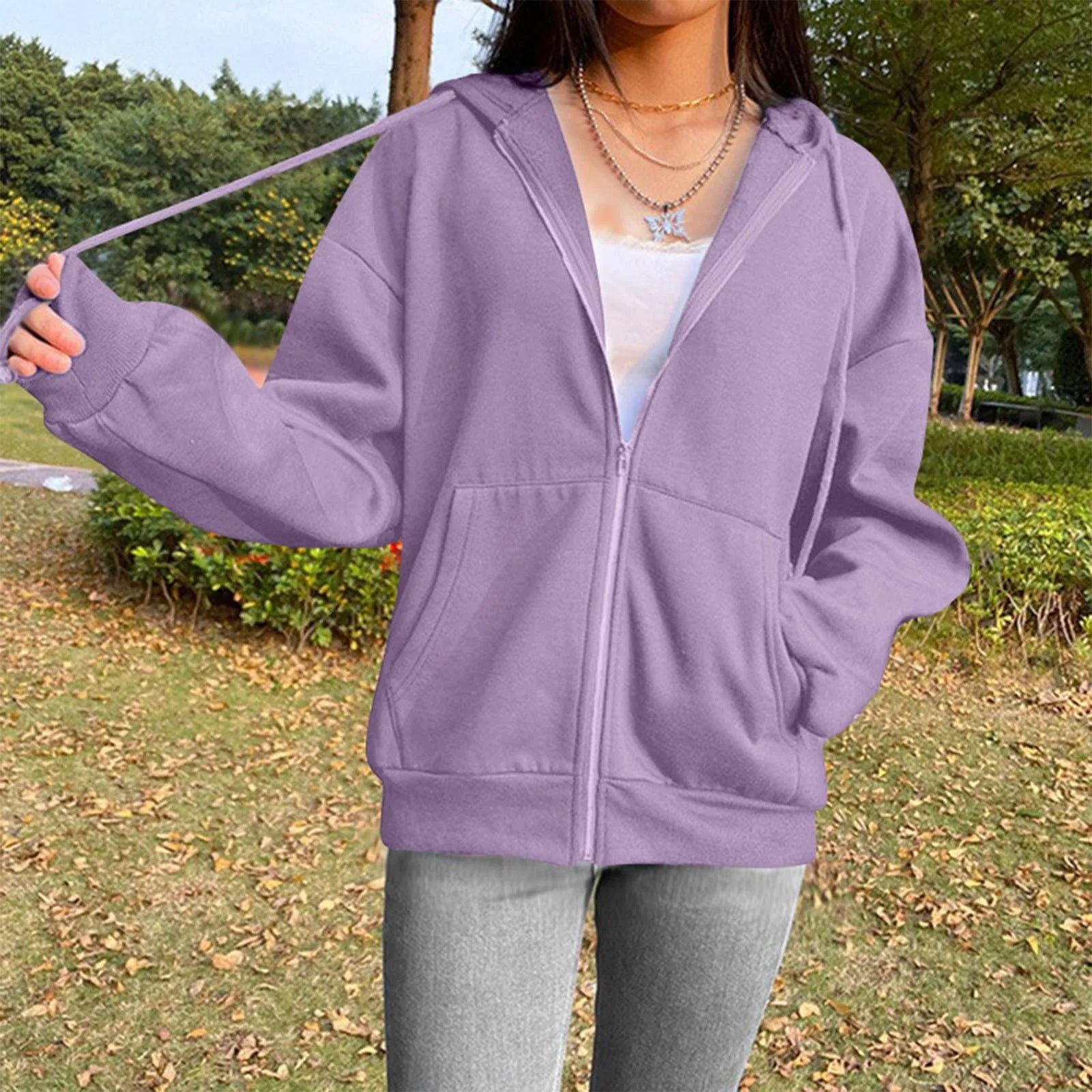 Spring Autumn Women Solid Color Hooded Sweatshirt Coat | Zipper Pocket Hoodie Jacket | Casual Outerwear Femme