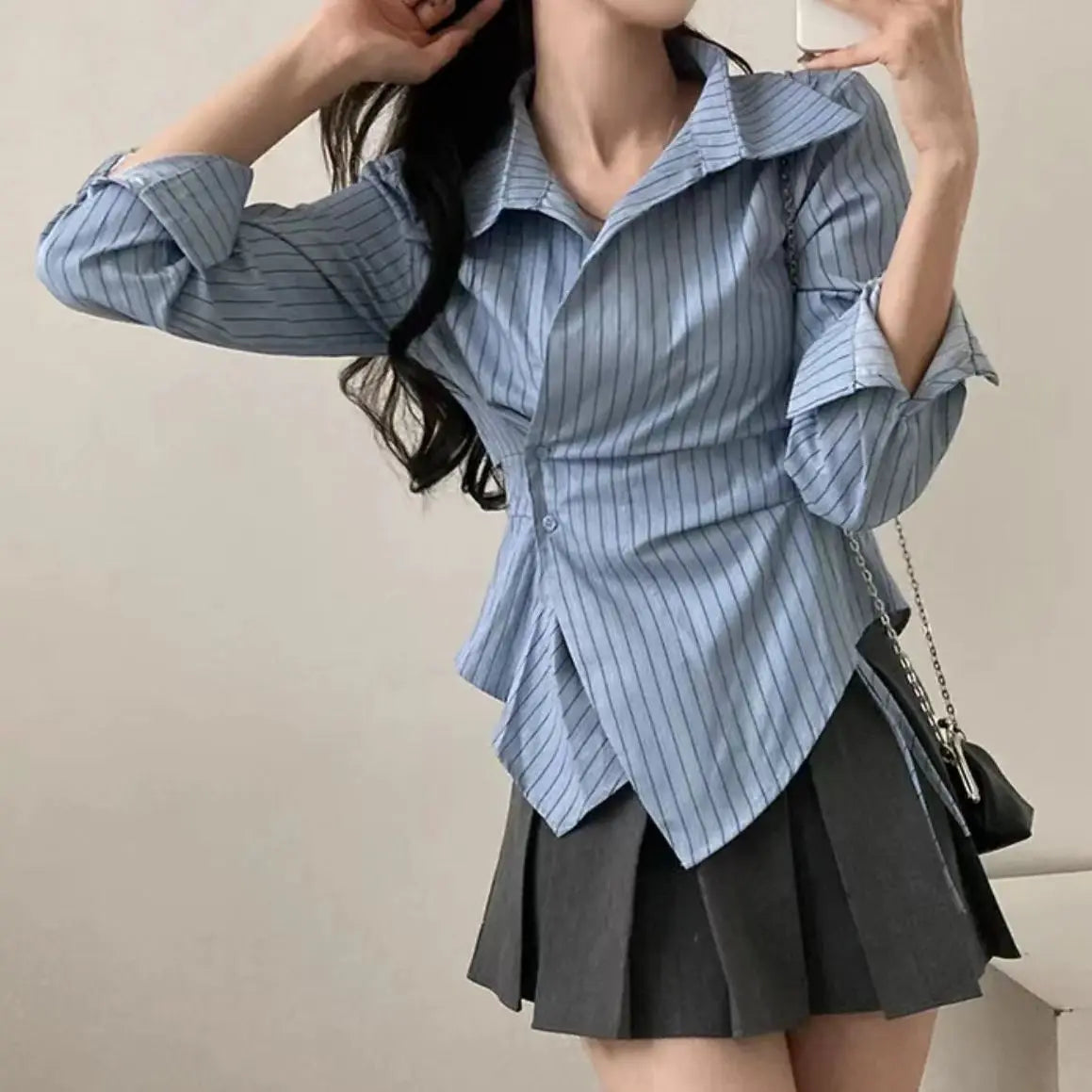 ✨ Slimming Effect White Asymmetrical Long Sleeve Top 👚 Waist-Cinching French Style Loose Fit 🌸 Women’s Premium Spring & Autumn Fashion