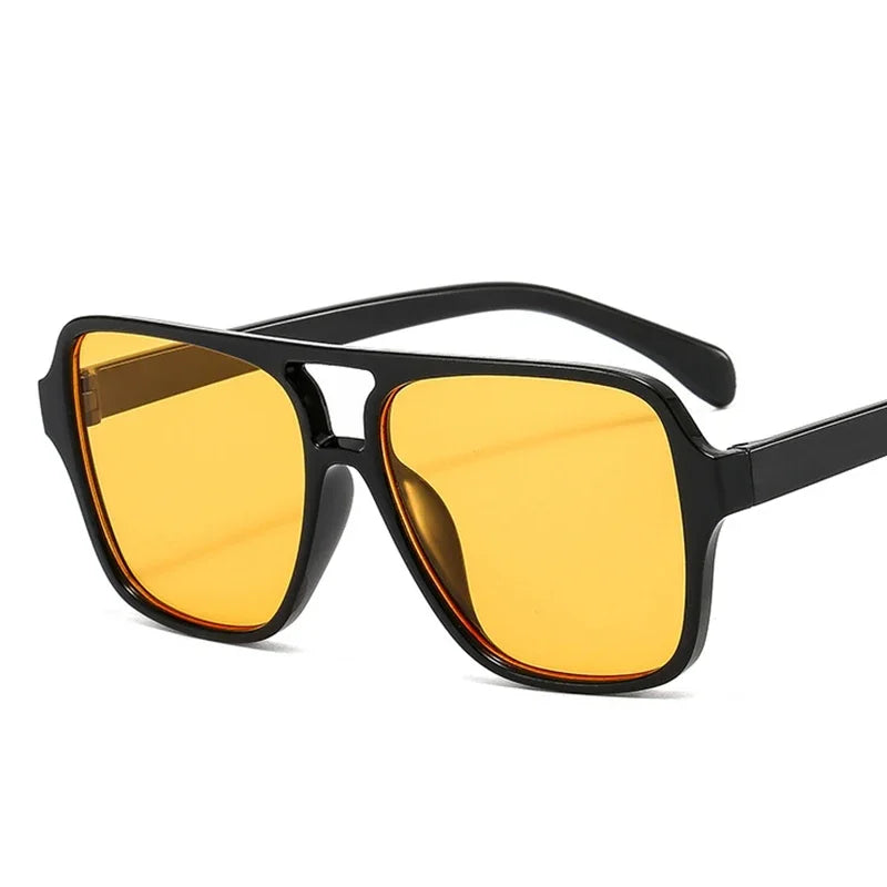Vintage Double Bridge Yellow Sunglasses for Women – Oversized Square Luxury Shades | Female Pilot Style Eyewear