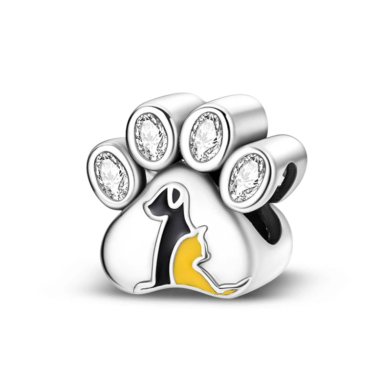 925 Sterling Silver Pink Cat & Dog Paw Charm Bead | Animal Claw Bone Beads for 925 Bracelet DIY Jewelry Gift