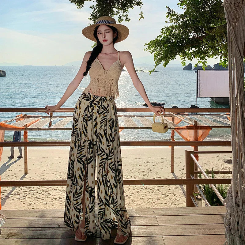 Vacation Style High Waist Wide Leg Pants – Thin Long Ethnic Print Pants for Beach & Holiday Wear