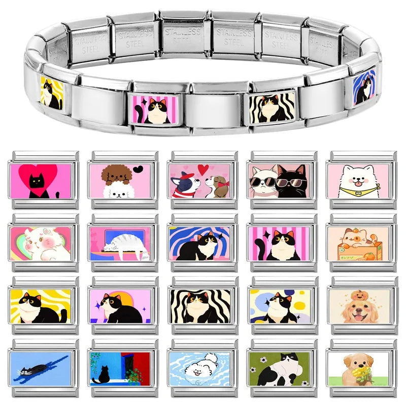 2025 Original Y2K Colorful Cute Cartoon Cats Dogs Italian Charm Links Fit 9mm Stainless Steel Bracelet Men Women DIY Making Gift