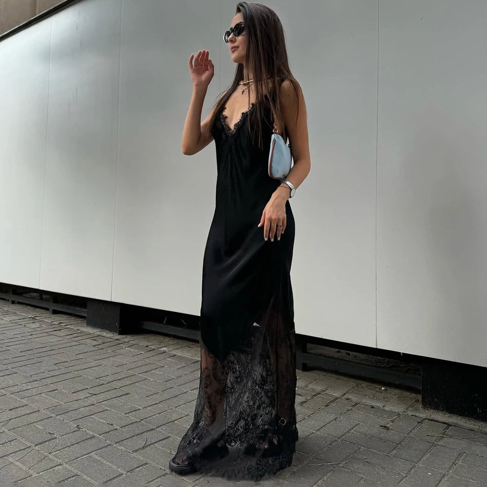Tuularose Fashion V-Neck Lace Dress – Summer Women’s Backless See-Through Patchwork Party & Evening Dress