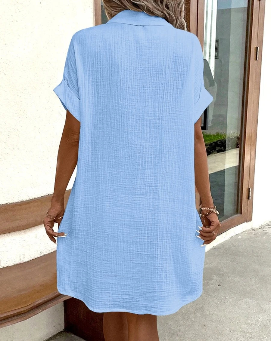 Vintage Women’s Solid Mini Dress – Summer V-Neck Three-Quarter Sleeve Cotton Linen Casual Dress