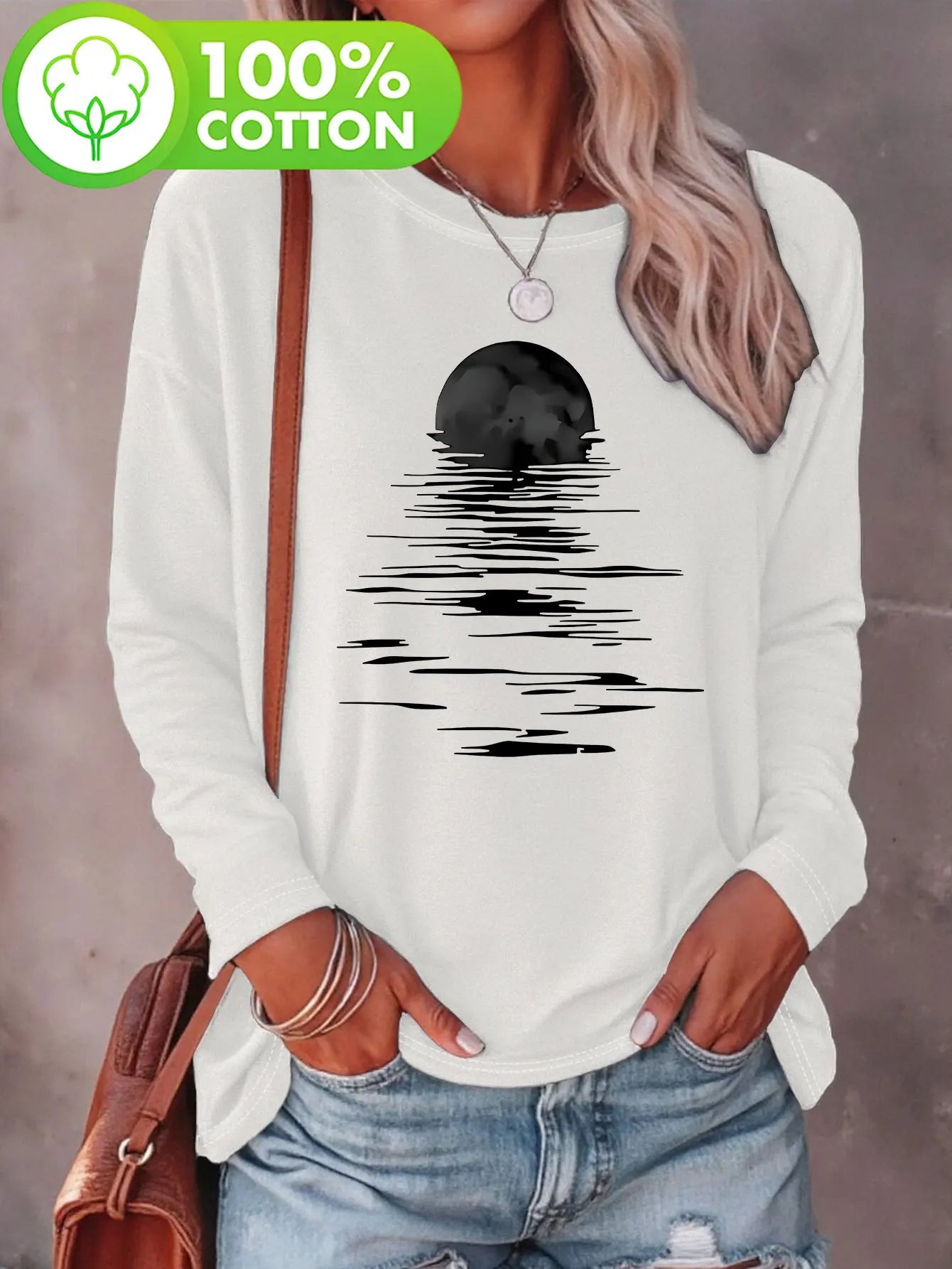 Women’s Cotton Moon Art T-Shirt 🌙 Long Sleeve Crew Neck Fall Winter Top ✨