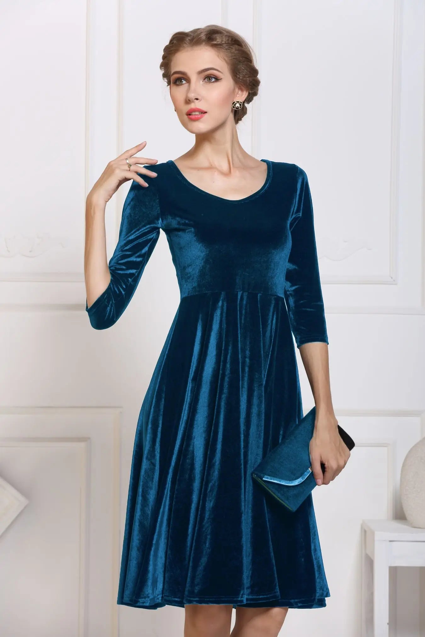 2025 Autumn Winter Navy Velvet Midi Dress – Three-Quarter Sleeve Elegant Evening & Bridesmaid Dress