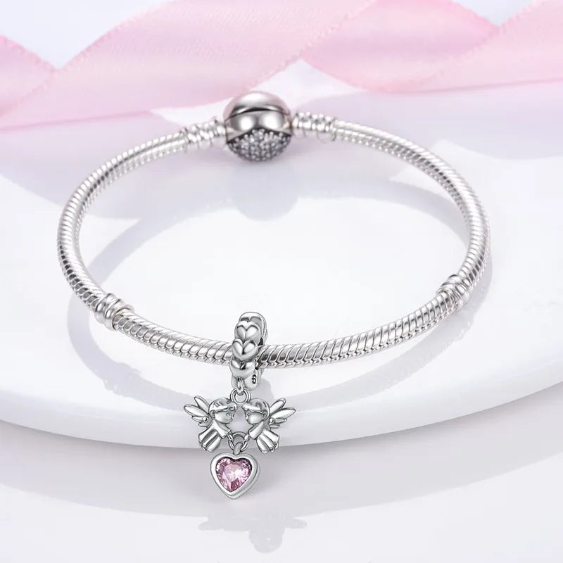 S925 Silver Angel Baby Charms | Heart Shape Wings Dangle Beads Fit Bracelet & Necklace
