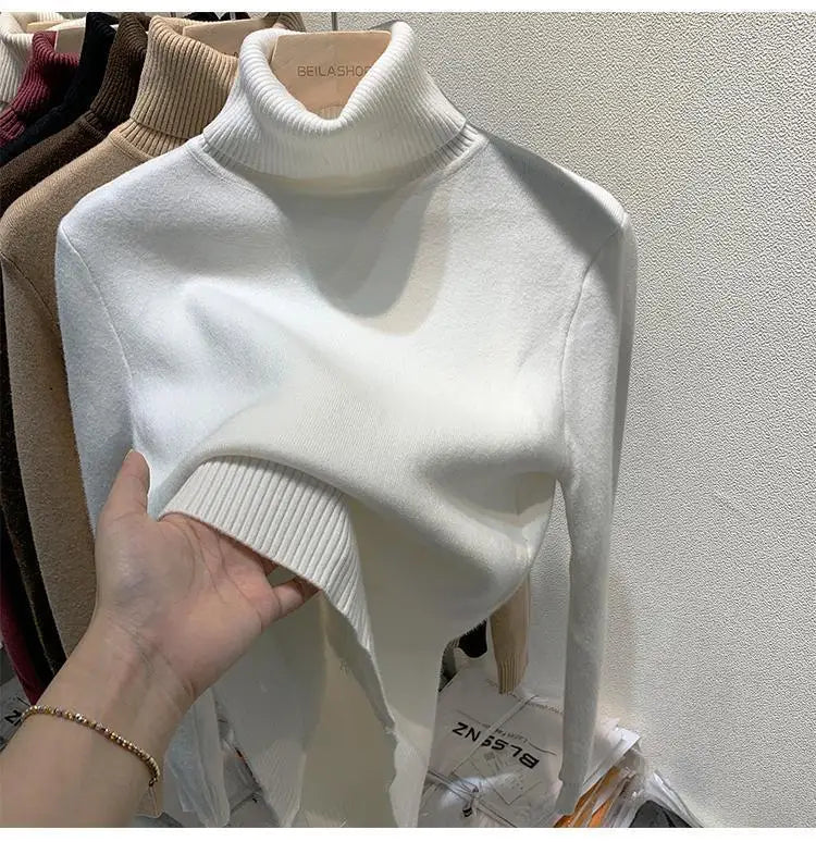 2025 Women’s High Collar Pullover Sweater – Thick Warm Soft Winter Top | Solid Color Bottoming Shirt