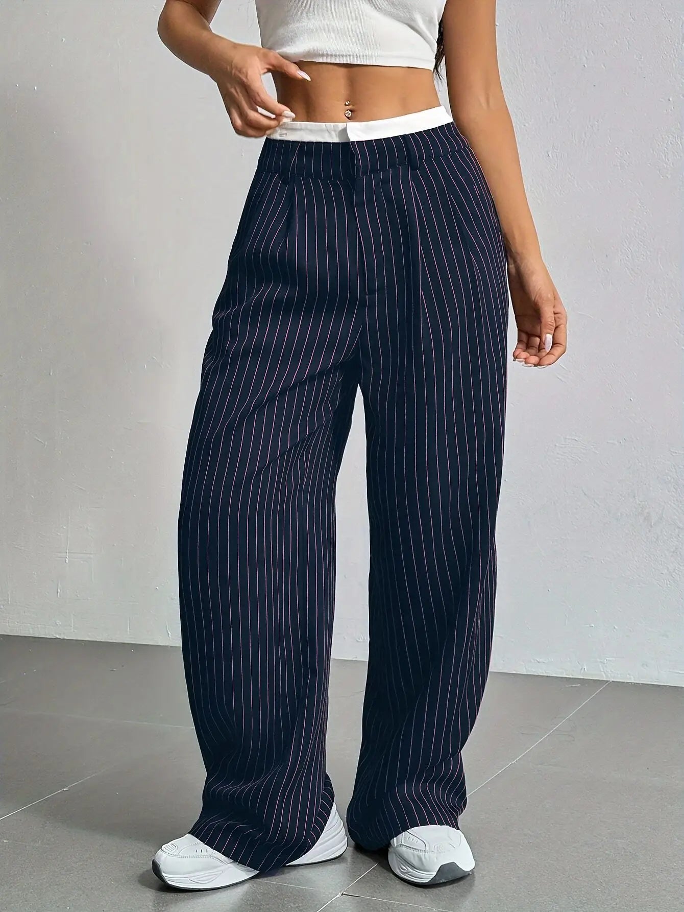 Women’s High Waist Straight Leg Pinstripe Trousers | Office & Casual Striped Dress Pants with Pockets