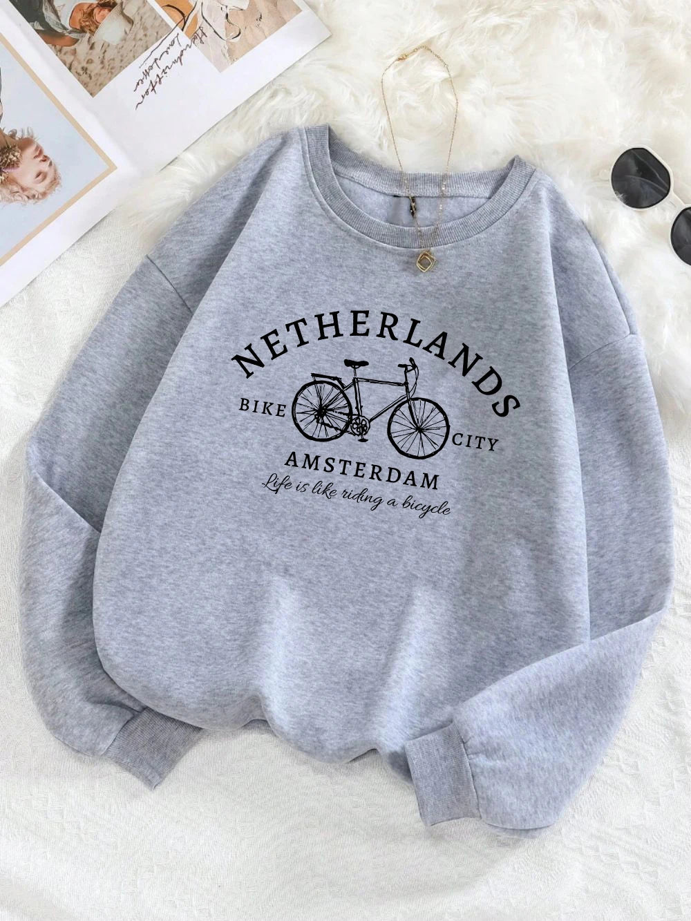 Netherlands Amsterdam Bike Design Pullover | Women’s Fleece Sweatshirt | Autumn Loose Crewneck Casual Top