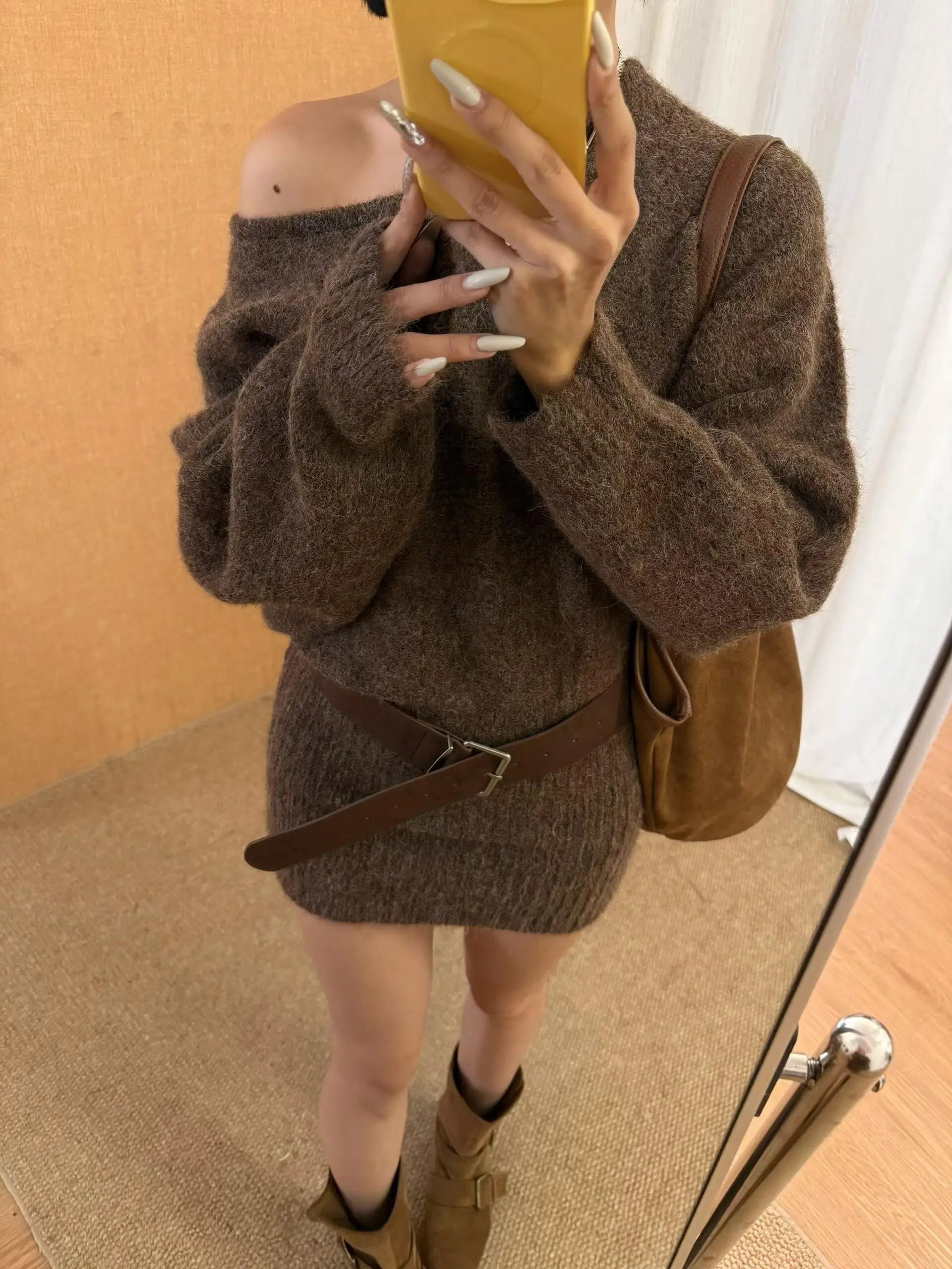 Early Autumn Knitted Bat Sleeve Slim Fit Dress – Women’s Soft Stretchy Casual Knitwear with Waist Belt