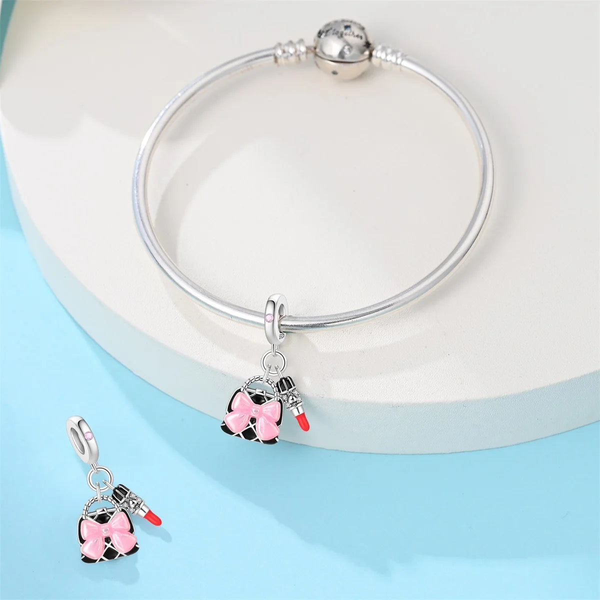 Romantic Pink Flowers 925 Sterling Silver Charms | Bag Lipstick Heart Bow Rose Bead Fit Original Bracelet DIY Jewelry Gift