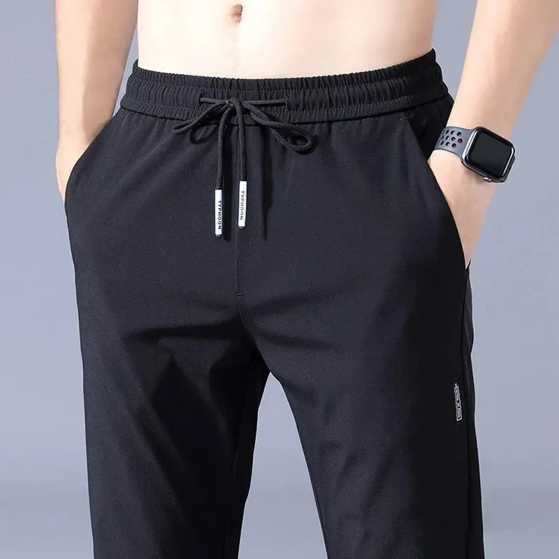 Ice Silk Men’s Pants 2023 – Black & Gray Summer Casual Business Straight Leg Sweatpants