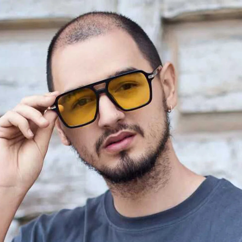 Retro Big Frame Square Sunglasses – Women & Men Double Beam One-Piece Designer Pilot Sun Glasses | Black Circular Cool Shades