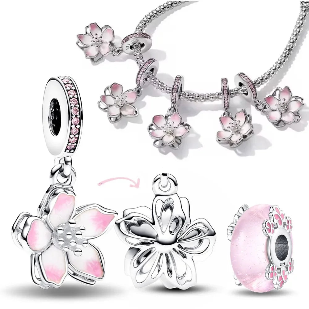 925 Silver Pink Cherry Blossom 🌸 Dangle Charm Bead for Pandora Bracelet