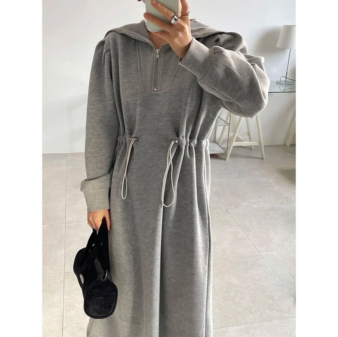 Chic Autumn Long Sve Dstring Waist Slim A-Line Dr Hoodie Women's Faionable Youthful f Open Collar Dr