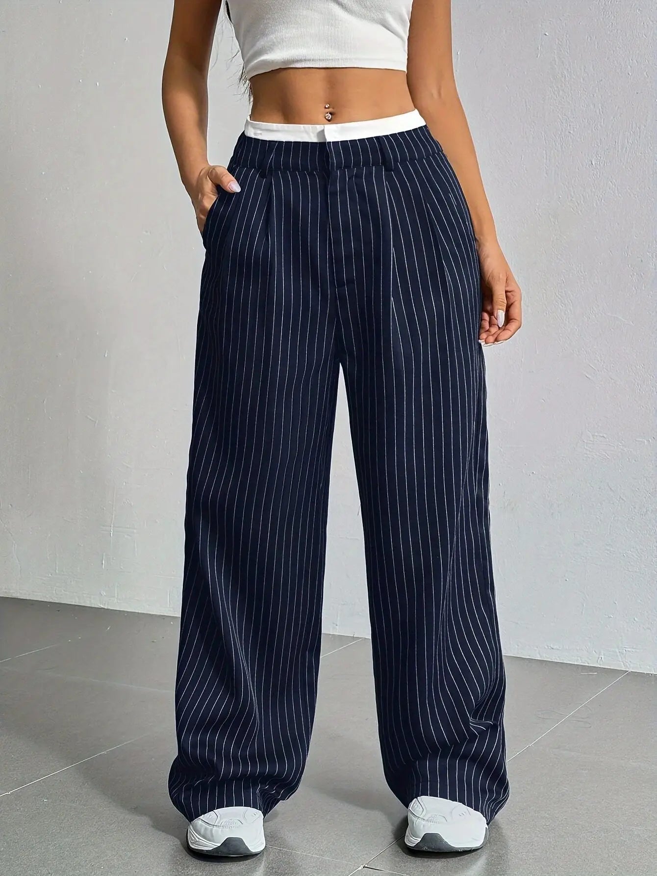 Women’s High Waist Straight Leg Pinstripe Trousers | Office & Casual Striped Dress Pants with Pockets