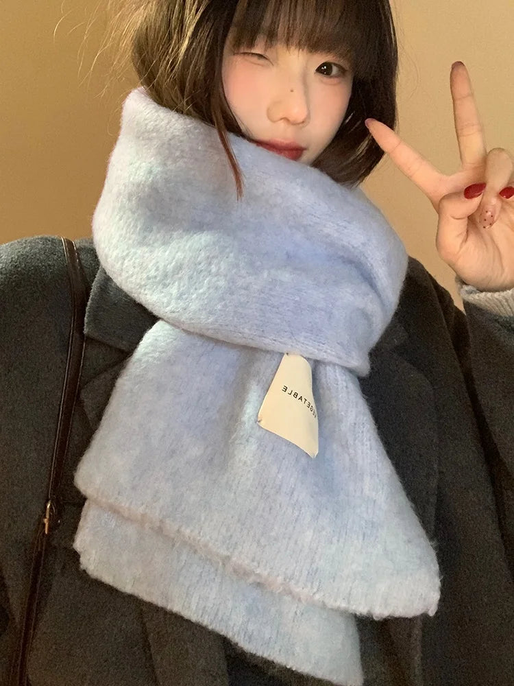 Warm Wool Blend Blue Knitted Scarf – Women’s Korean Style Winter Neck Warmer | Long Rectangle Color Scarf