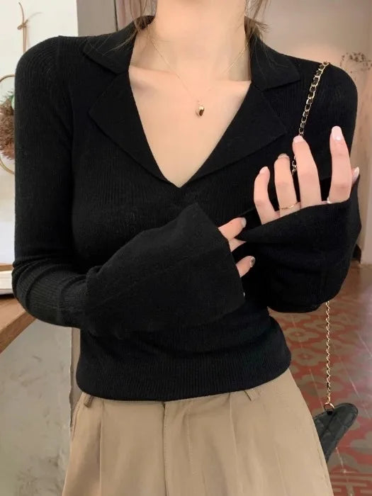 French Style Knitted Long Sleeve V-Neck Collar Sweater – Women’s Winter Base Layer Top | Stretchy Fit for Young Women