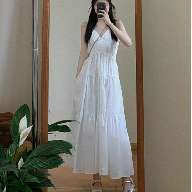 Women’s White V-Neck Backless Strap Dress – Summer Fairy Beach Vacation Long Skirt, Elegant Loose Waist Gown