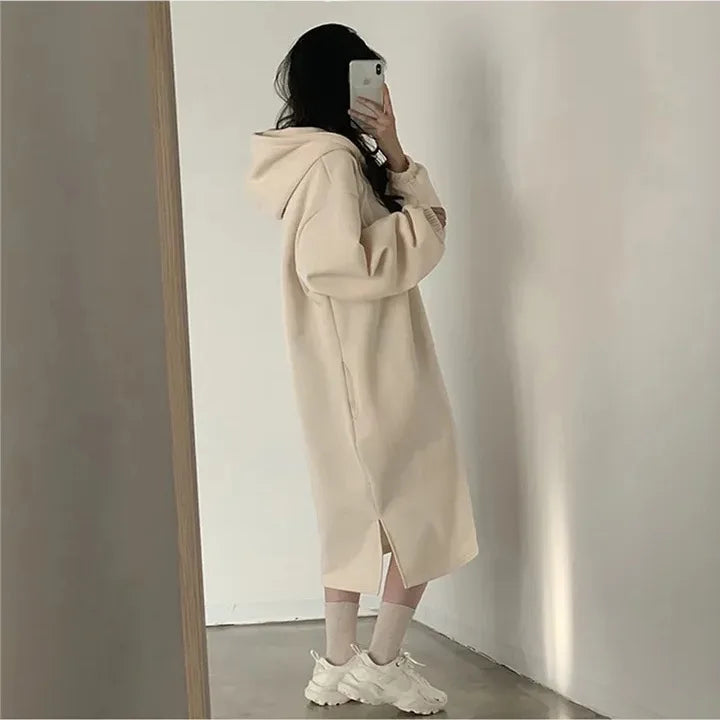 Chic Winter College Long Hoodie Dress ❄️ Lazy Fleece A-Line Side Slit Dress 👗 Pure Color Polyester Fiber 🧵